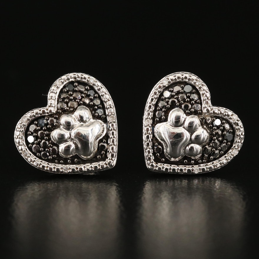 Sterling Diamond Paw Print Heart Earrings