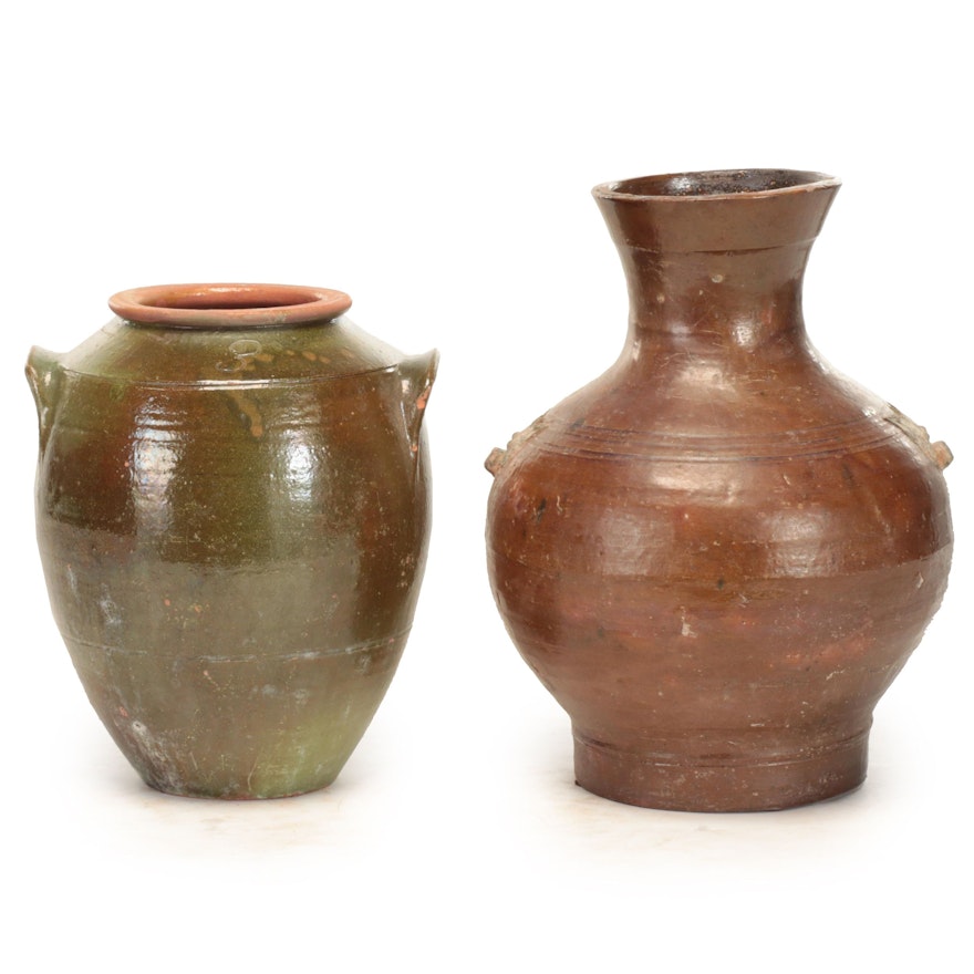 Chinese Glazed Stoneware Vase with Other Tab Handle 3-Gallon Stoneware Jar