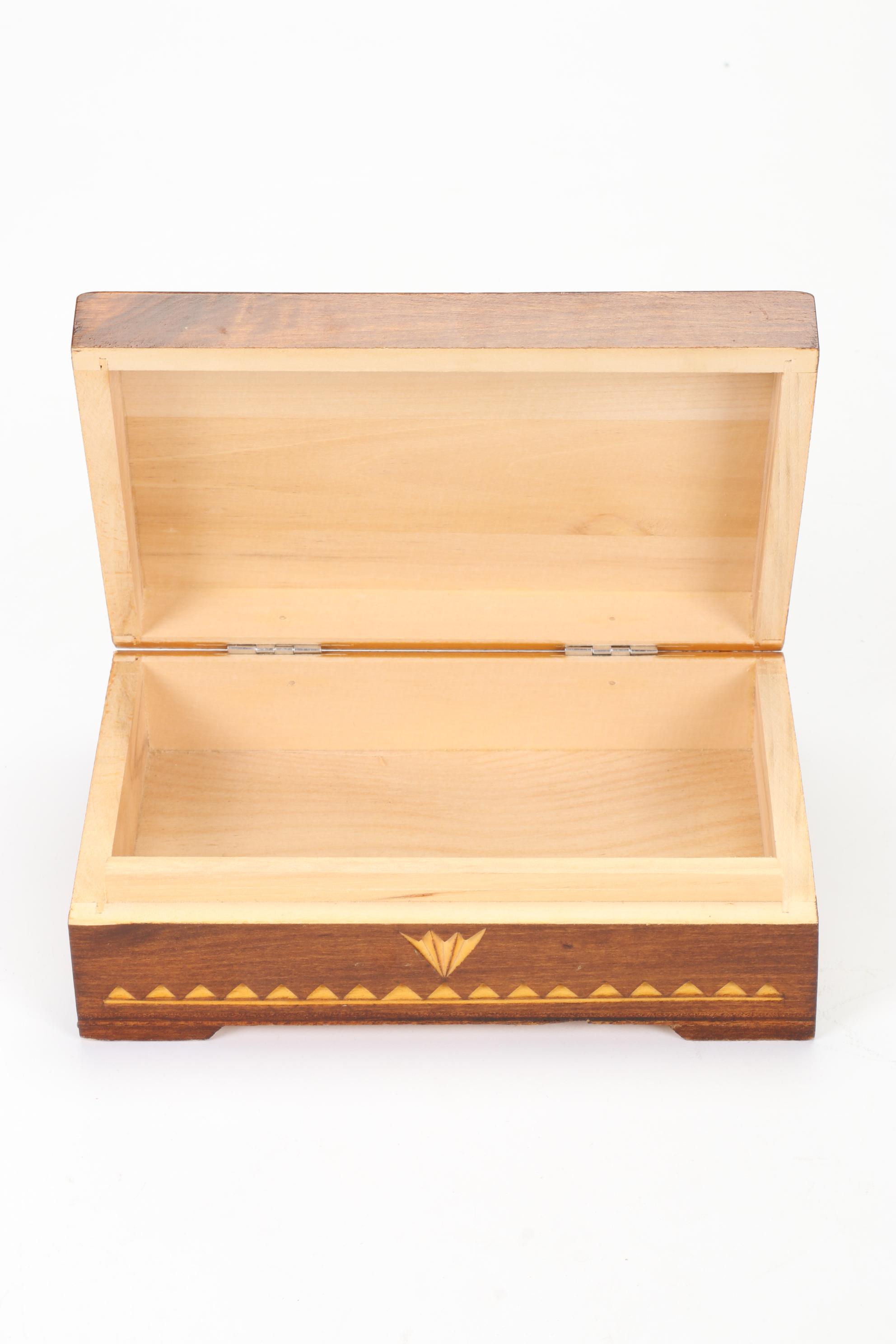 Long Matchstick Holder, Round Lidded Box, Carved Wood Letter Opener