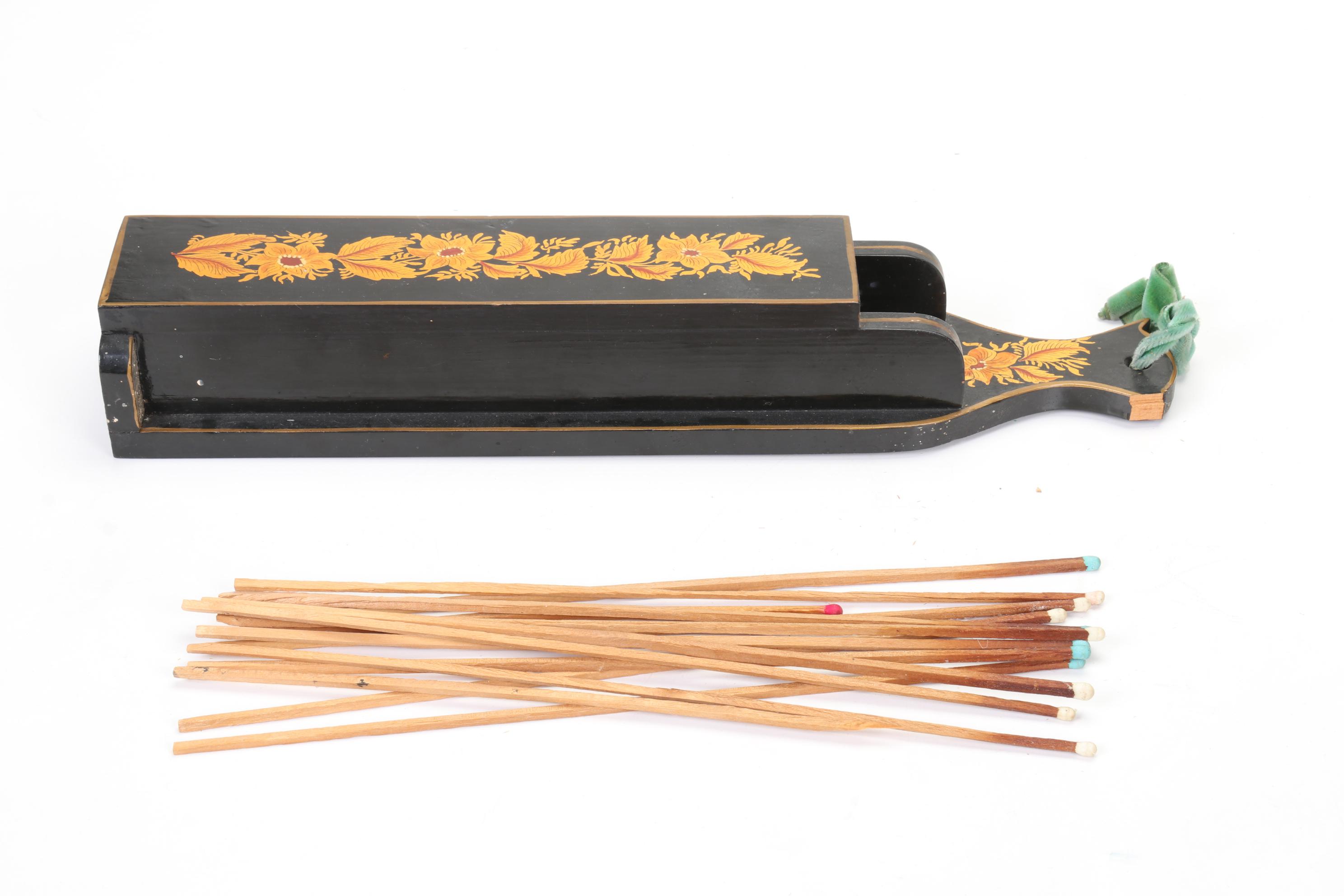 Long Matchstick Holder, Round Lidded Box, Carved Wood Letter Opener