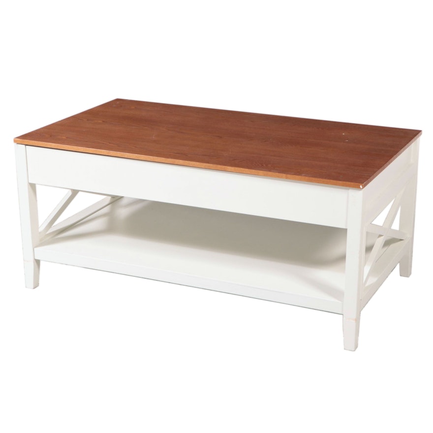 Farmhouse Style Oak-Veneered and Parcel-Painted Lift-Top Coffee Table