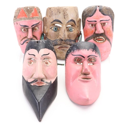 Mexican Folk Art Polychrome Carved Wood Masks, 20th Century