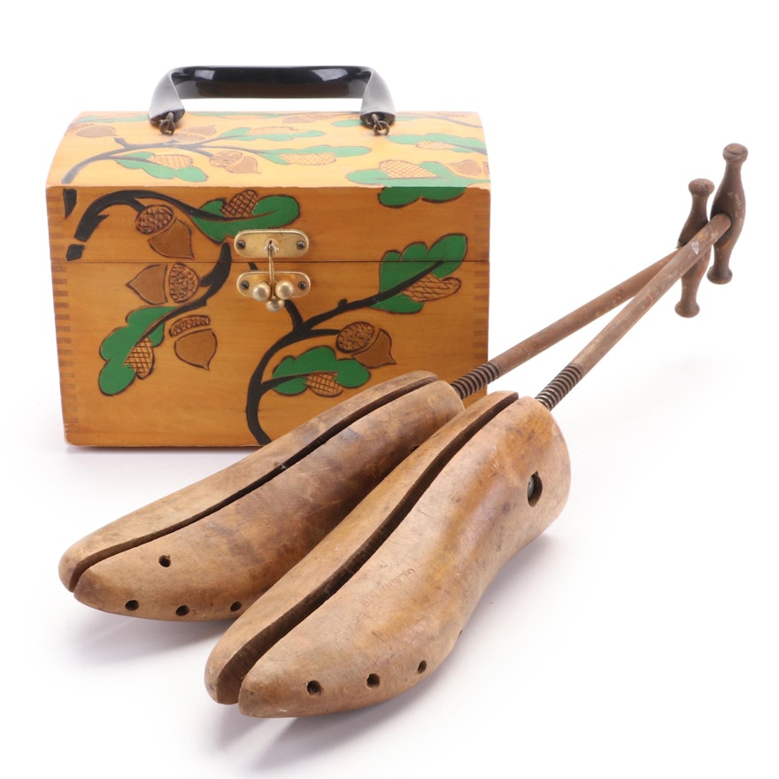 Hand-Carved and Painted Wooden Acorn Box with Shoe Stretchers