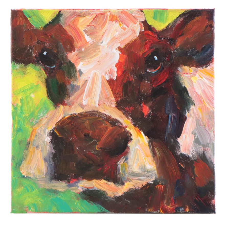 Elle Raines Cow Portrait Acrylic Impasto Painting