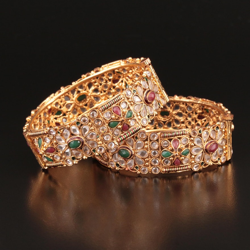 Rajasthan Kundan Style Emerald and Ruby Hinged Bangles