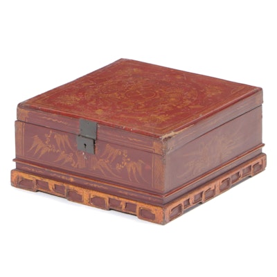 Vietnamese Red Lacquer Box with Hand-Painted Gold Leaf Details