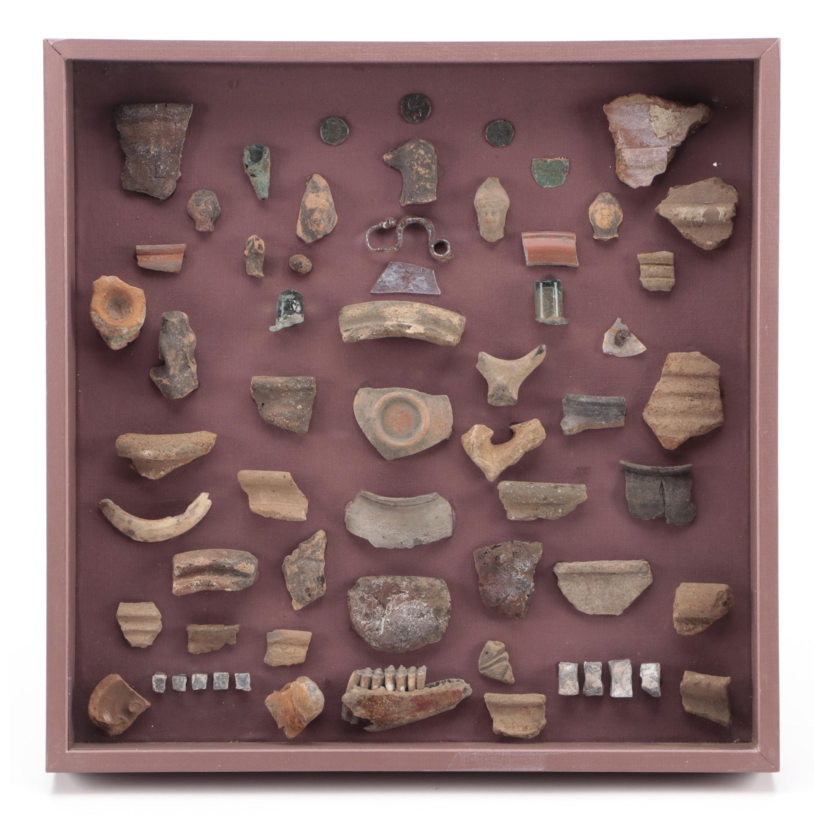 Framed Shadowbox with Fragments of Ancient Pottery, Bone, Coins, Other ...