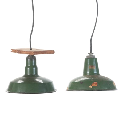 Goodrich and Other Green Enameled Metal Work Pendant Lights, Early/Mid-20th C