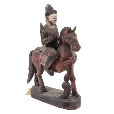 Burmese Nat on Horseback Hand-Carved Wooden Figurine