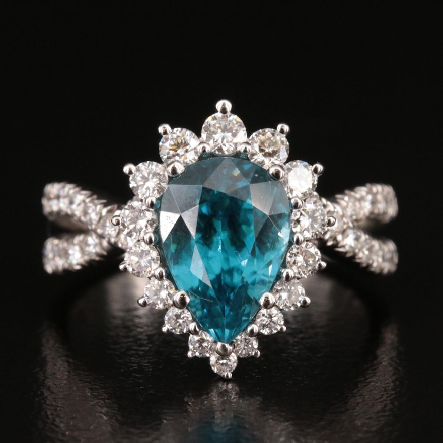 14K Blue Zircon and Diamond Halo Ring