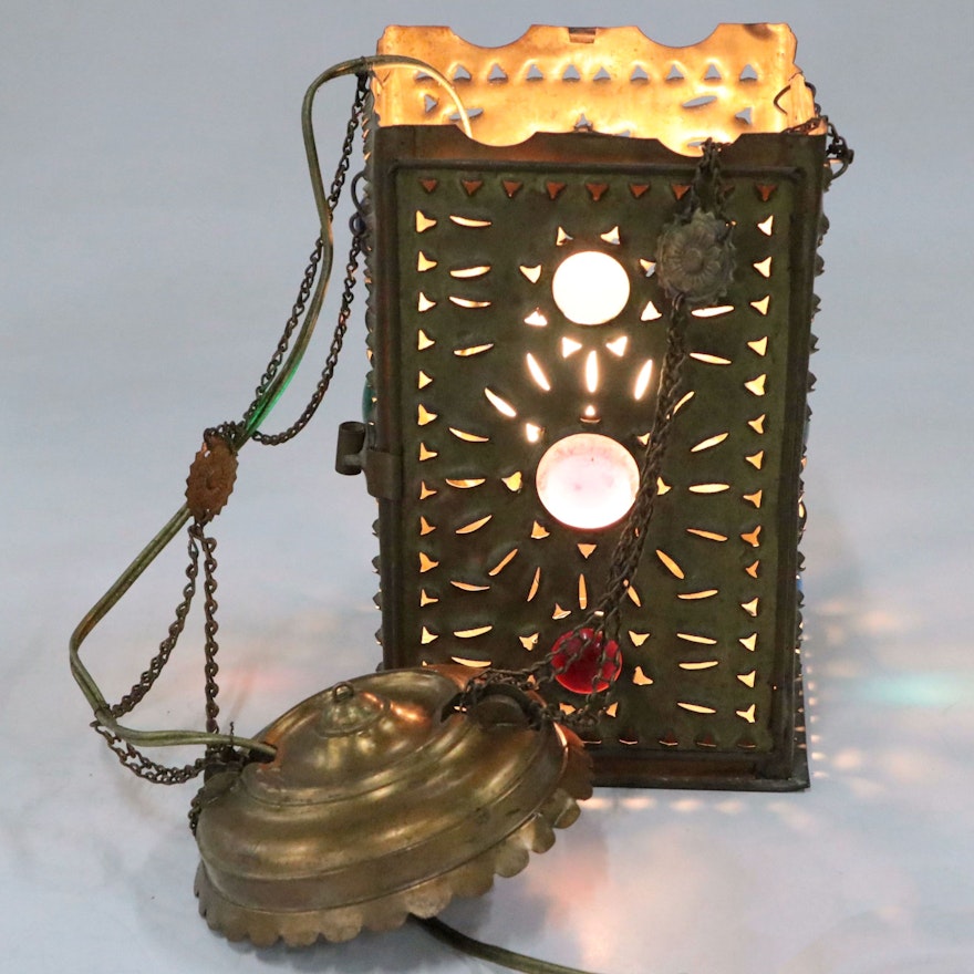 Bradley & Hubbard Jeweled Pierced Brass Pendant Light, Late 19th Century