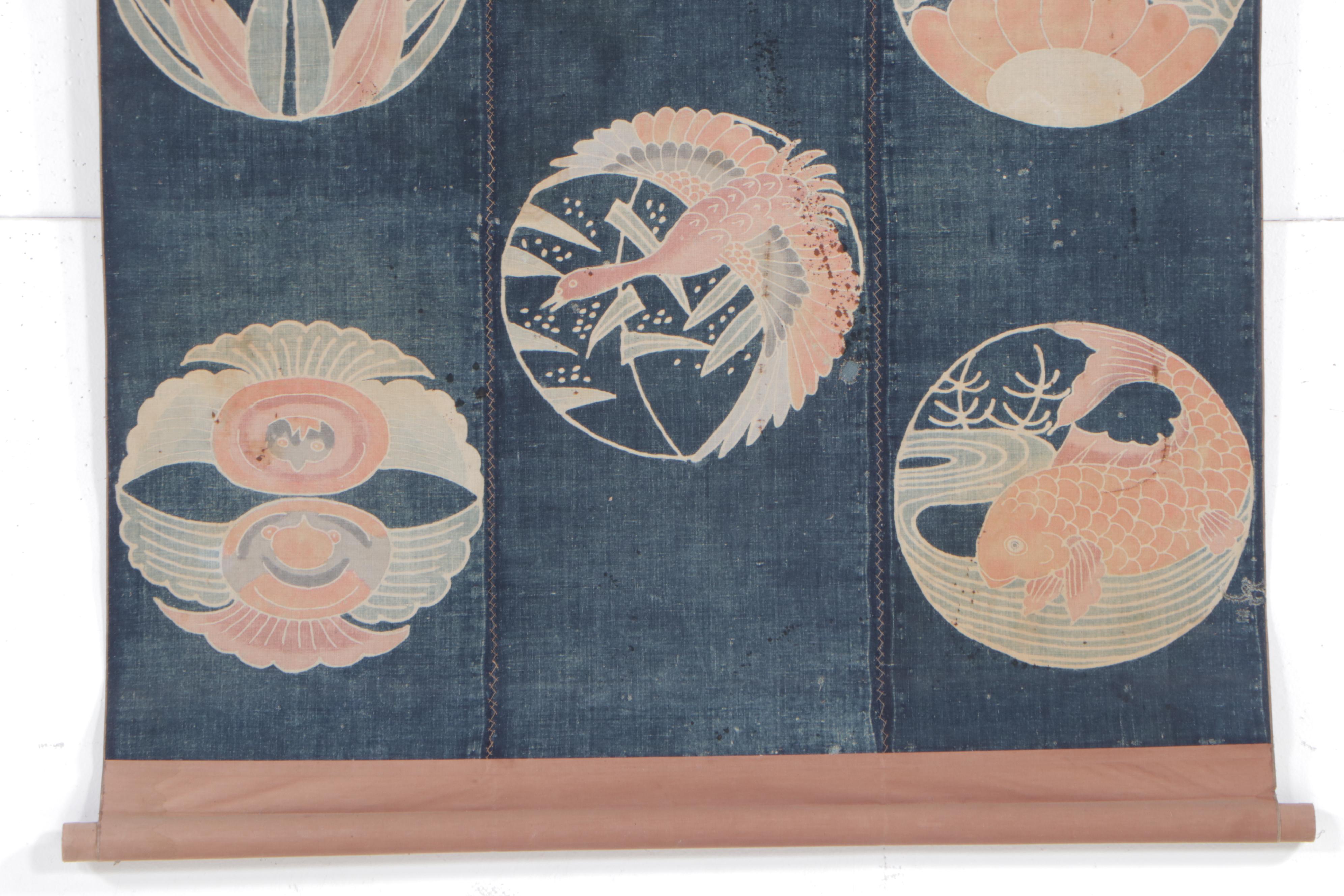 Japanese Tsutsugaki Futon Cover Fashioned into Wall Hanging Scroll EBTH