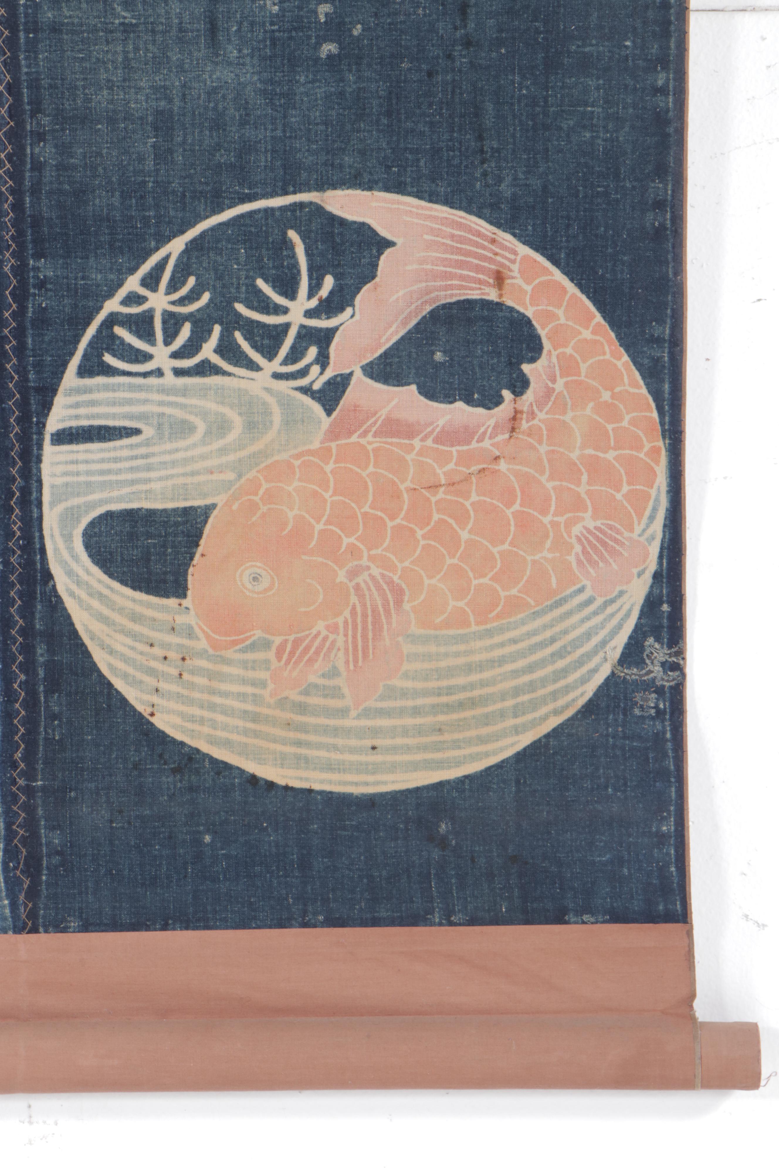 Japanese Tsutsugaki Futon Cover Fashioned into Wall Hanging Scroll EBTH