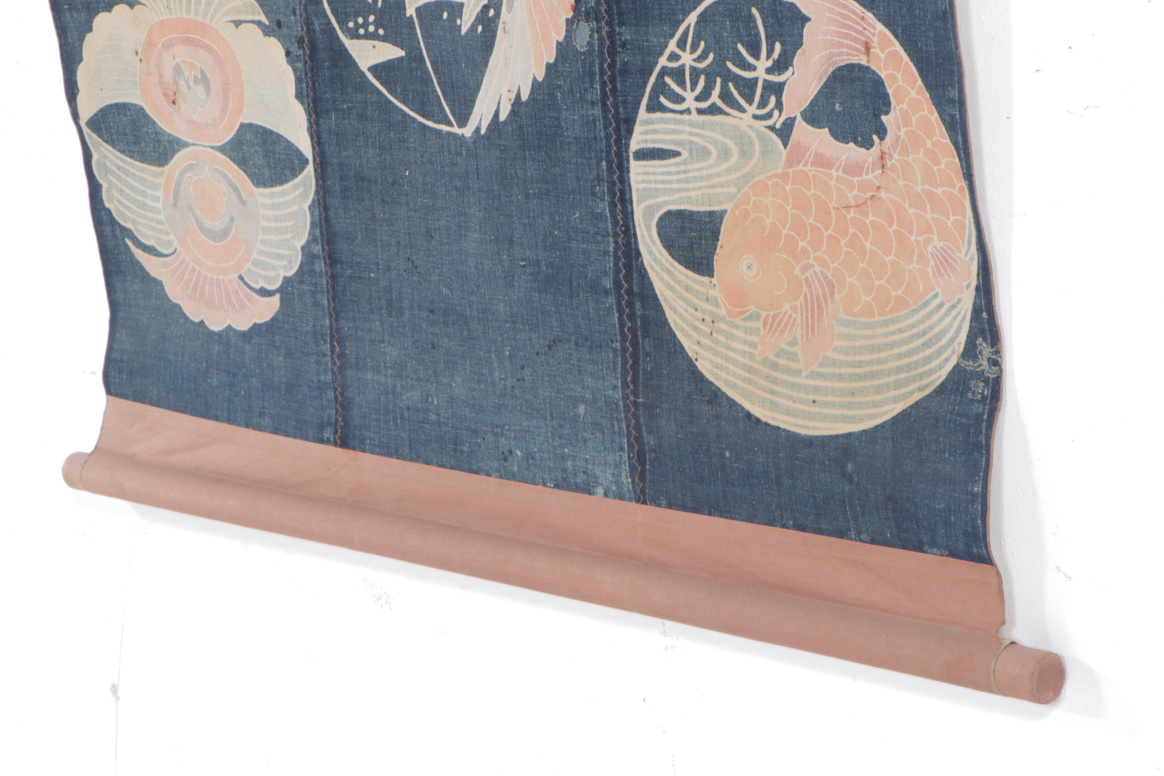 Japanese Tsutsugaki Futon Cover Fashioned into Wall Hanging Scroll EBTH