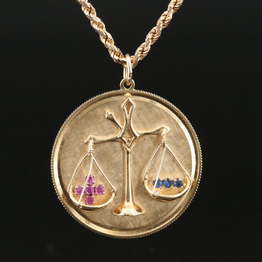 RJ Co. 14K Ruby and Sapphire Scales of Justice Pendant Necklace