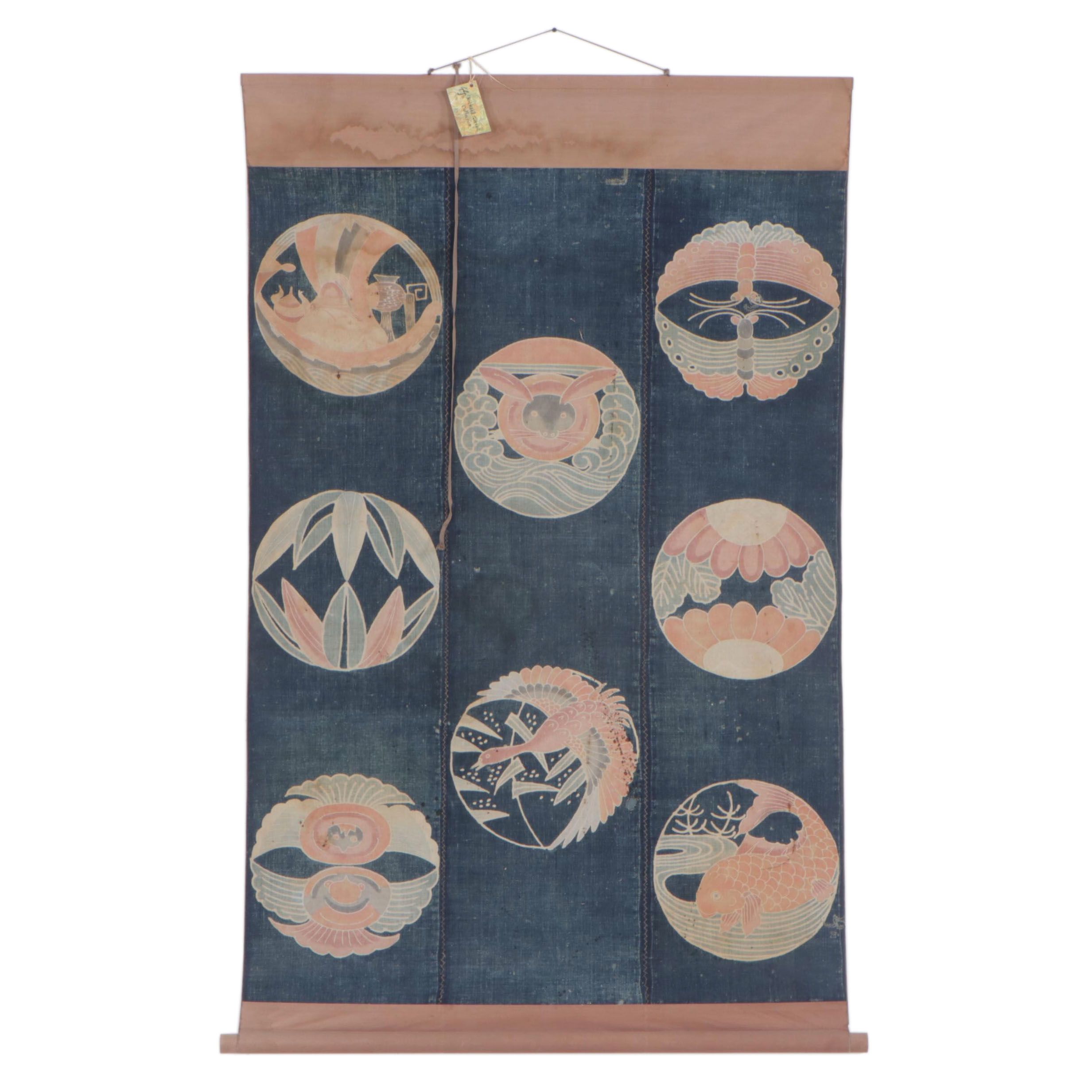 Japanese Tsutsugaki Futon Cover Fashioned into Wall Hanging Scroll EBTH