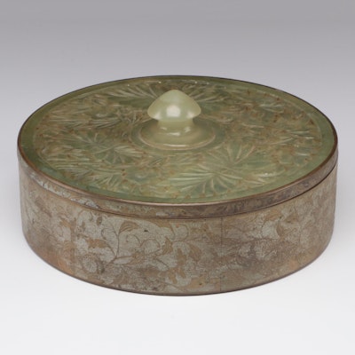 Chinese Chased Brass Box with Carved Serpentine Lid and Glass Insert
