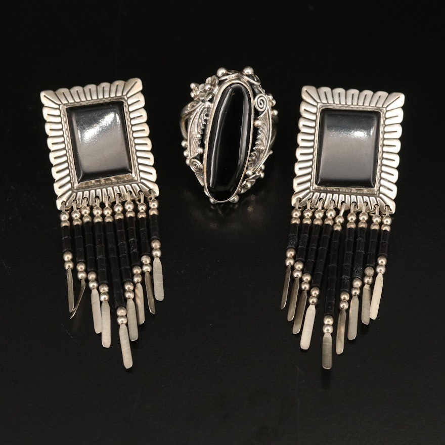 Sterling Black Onyx Fringe Earrings and Ring