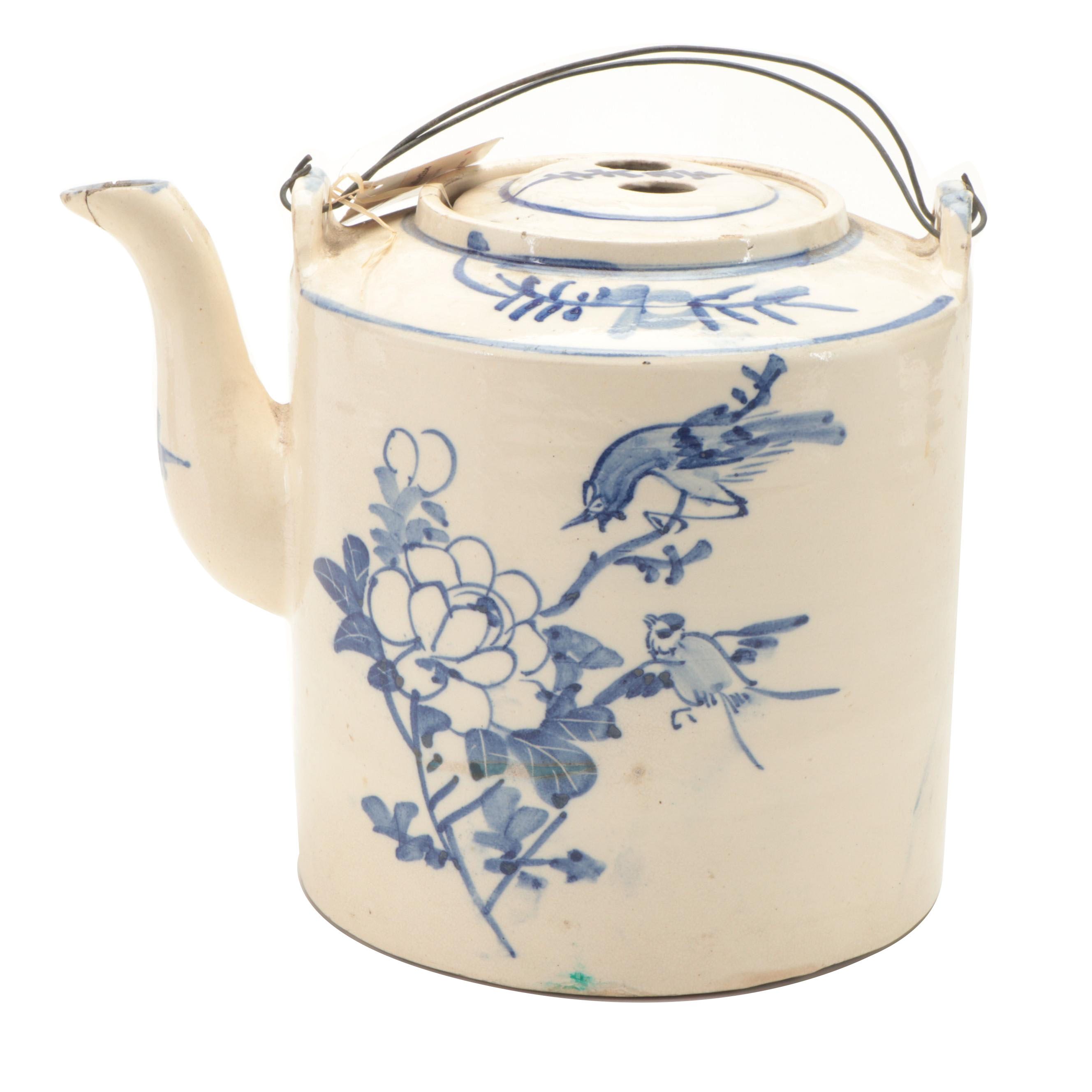 Vietnamese HandPainted Blue and White Glazed Stoneware Teapot, Early