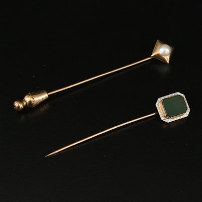 Vintage 10K Stick Pins with Pearl and Nephrite