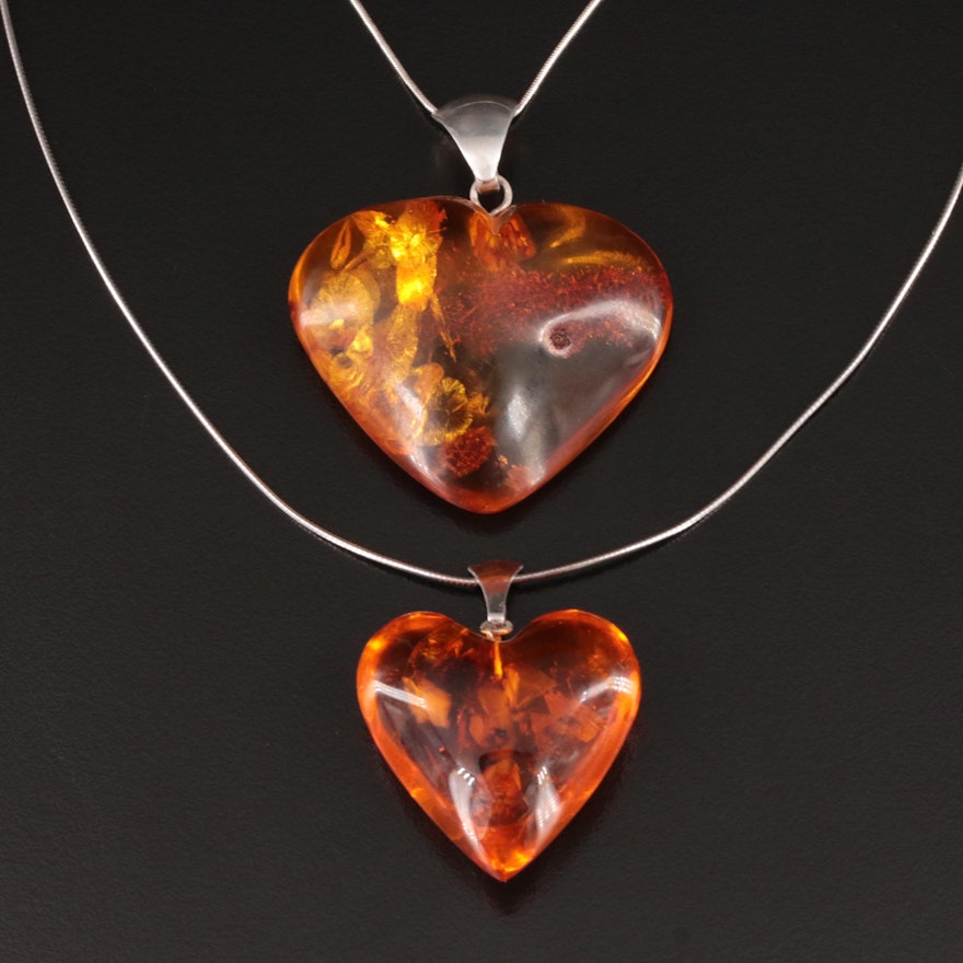 Sterling Amber and Ambroid Heart Pendant Necklaces