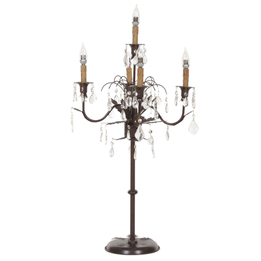 Candelabra Style Bronzed Metal and Glass Five-Light Table Lamp