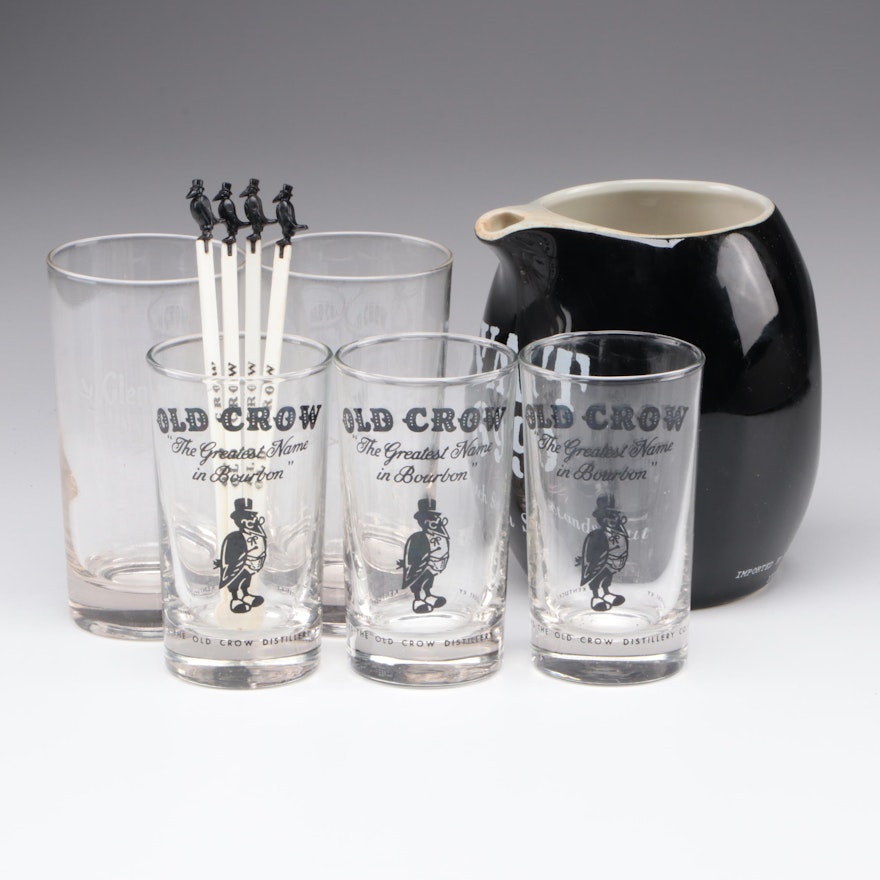 Old Crow and Glenmore Bourbon Glasses with Drink Stirrers and Vat 69 Pub Jug
