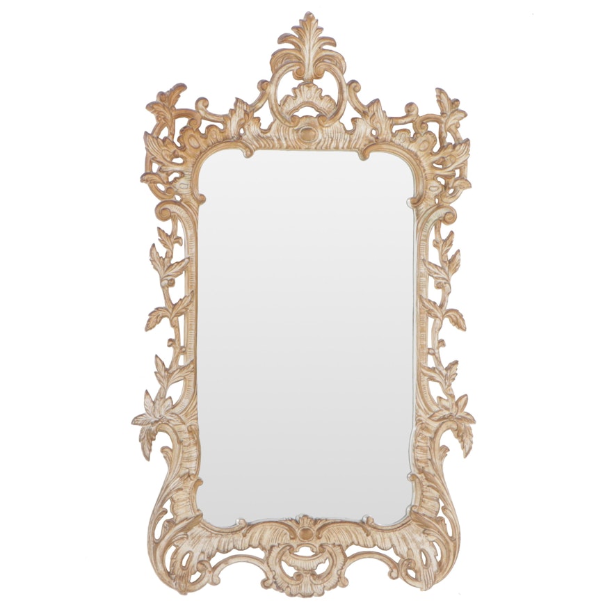 Rococo Style Pickled Wood Finish Wall Mirror, Late 20th Century