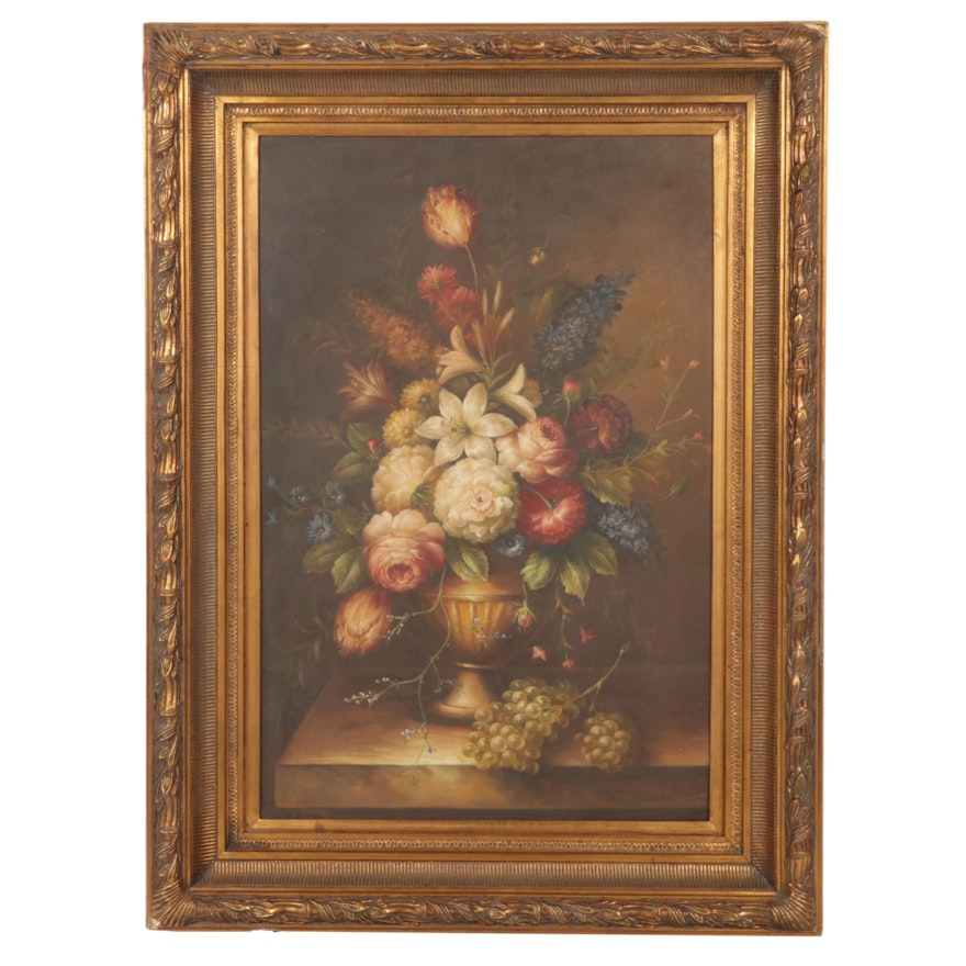 Still Life Oil Painting of Flowers and Grapes, Late 20th Century