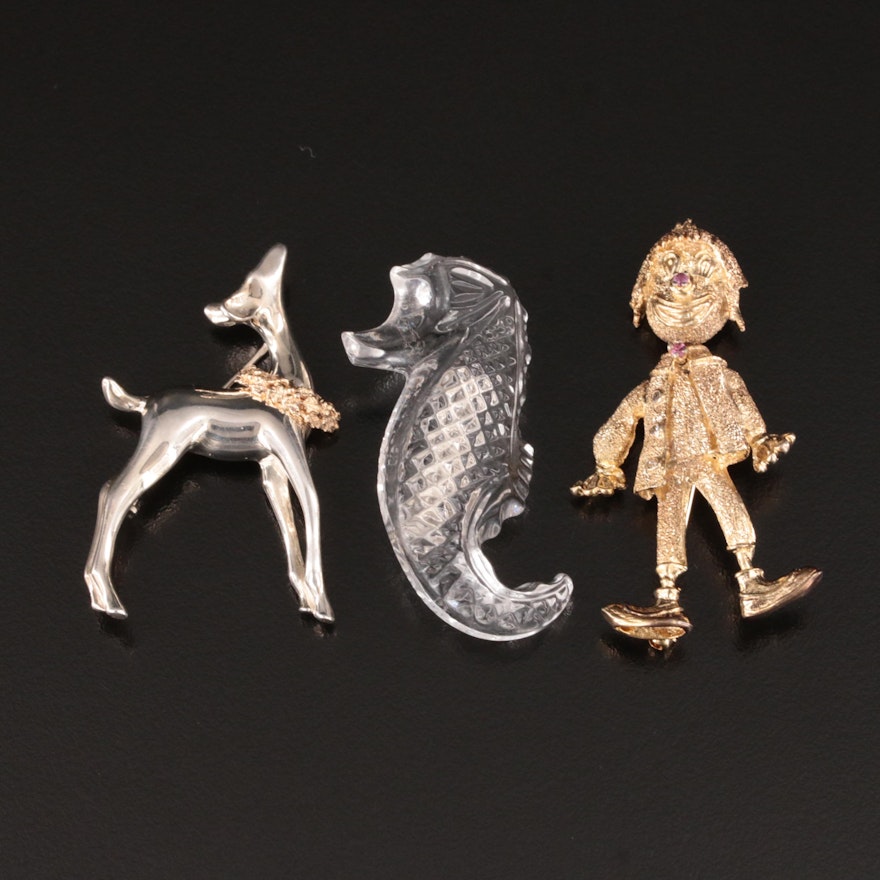 Waterford Crystal Seahorse, Les Bernard, and Ruby Featured in Sterling Brooches