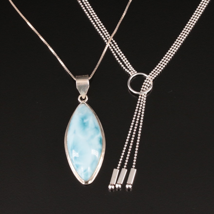 Sterling Larimar Pendant and Bead Chain Lariat Necklaces