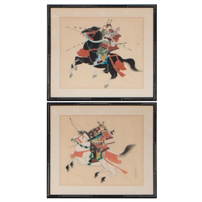 Japanese Ink and Gouache Paintings of Samurai, Mid-20th Century
