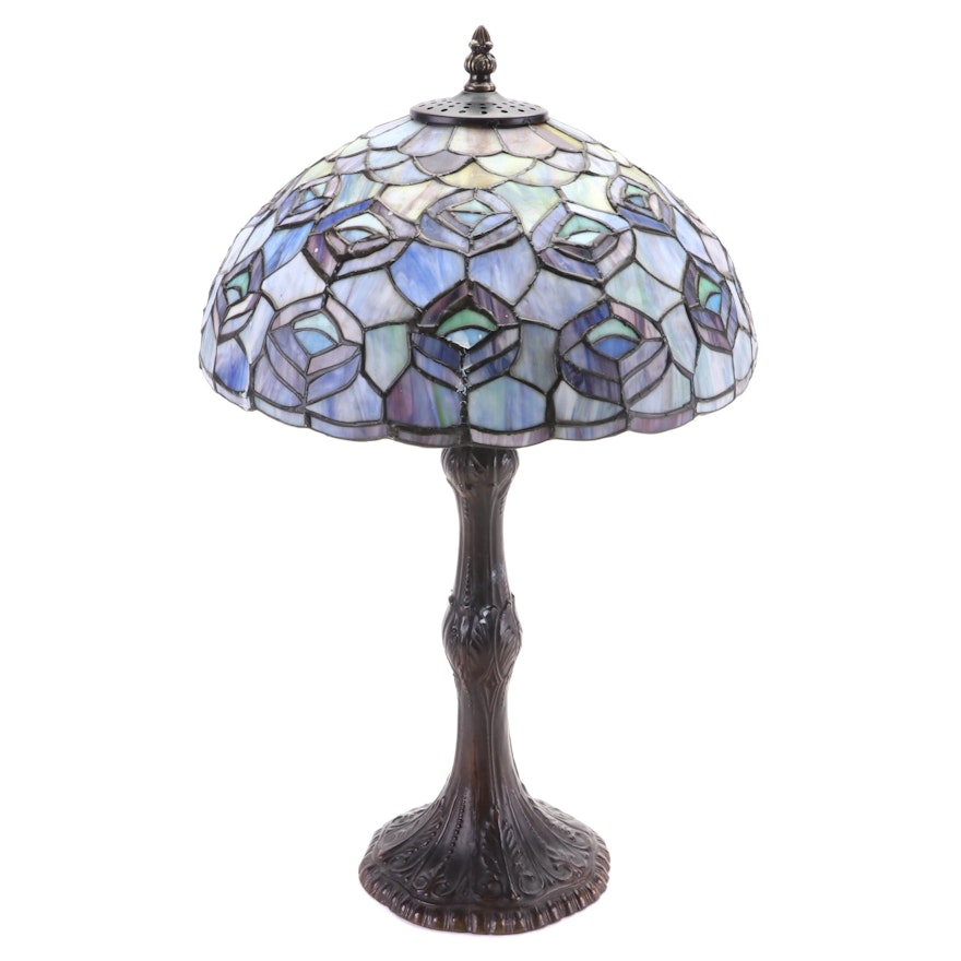 Art Nouveau Style Bronzed Metal and Peacock Slag Glass Table Lamp