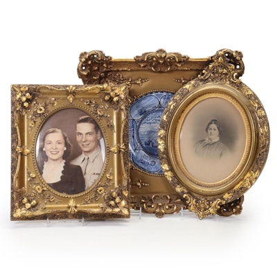Ornate Gold Gilded Frames Feat. Staffordshire Bowl and Hand Tinted Photos