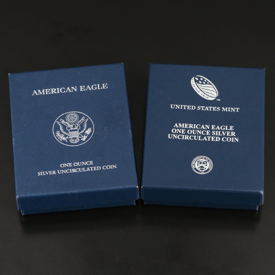 Two Uncirculated $1 American Silver Eagles, 2012-W and 2014-W