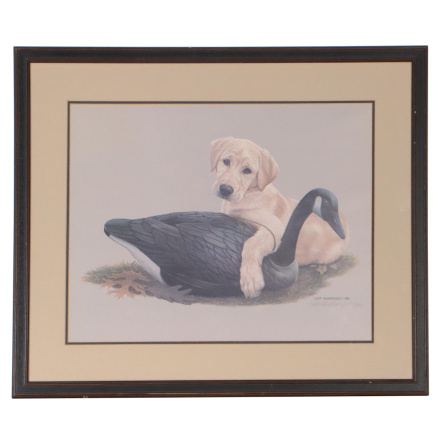 Les Anderson, Jr. Offset Lithograph of Retriever Puppy With Decoy