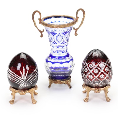 Bohemian Glass Ruby and Cobalt Cut-to-Clear Bud Vase and Pair of Eggs on Stands