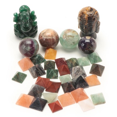 Carved Tiger's Eye Buddha Bust, Fluorite Ganesh, More Pyramids and Spheres