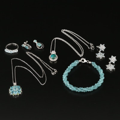 Sterling Sky Blue Topaz, Aquamarine and White Zircon Jewelry Grouping