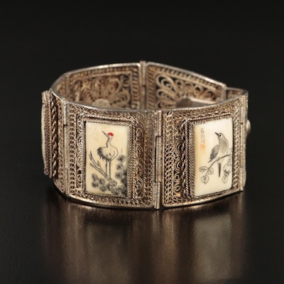 Antique Chinese Filigree and Scrimshaw Bird Bone Panel Bracelet