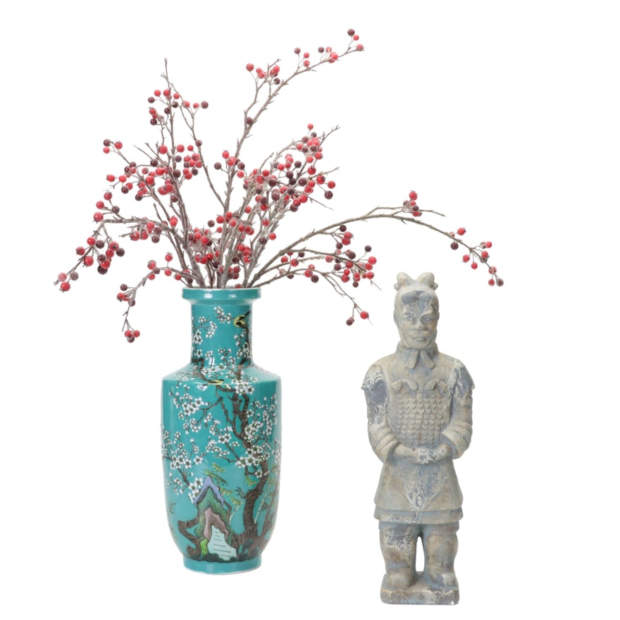 Chinese Turquoise Enamel Plum Blossom Vase with Terracotta Warrior Figurine