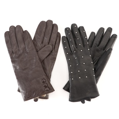 Aqua Stud Gloves in Black Leather & Surell Brown Leather Gloves with Rabbit Fur