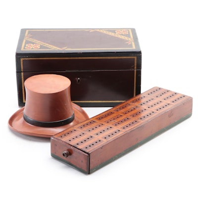 Chris Ramsey Cherry Top Hat with Victorian Cribbage Board and Painted Box