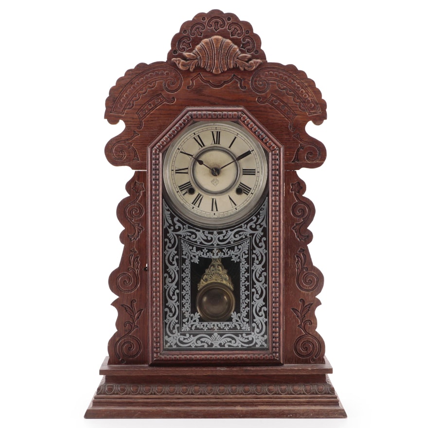 Ansonia Clock Co. Reverse Painted Victorian Hand-Carved Oak Mantel Clock