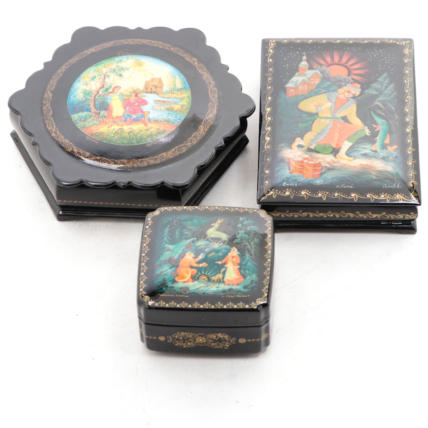 Kholuy, Mstyora with Other Russian Hand-Painted Fairytale Lacquer Boxes