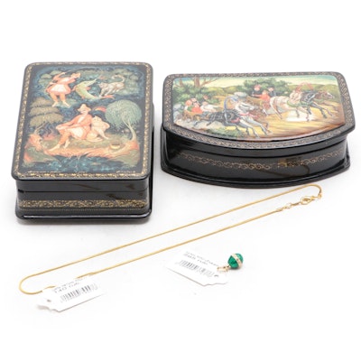 Palekh Hand-Painted Troika and Other Fairytale Lacquer Boxes with Necklace