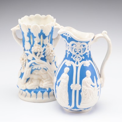 English Blue Ground Parian International Exhibition of 1862 Pitcher and Vase