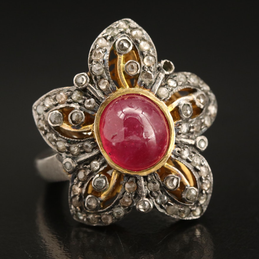 Sterling Corundum and Diamond Flower Ring