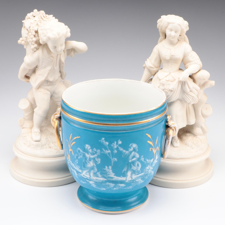 Old Paris Porcelain Bleu Céleste Cachepot with Bisque Grape Harvester Figurines