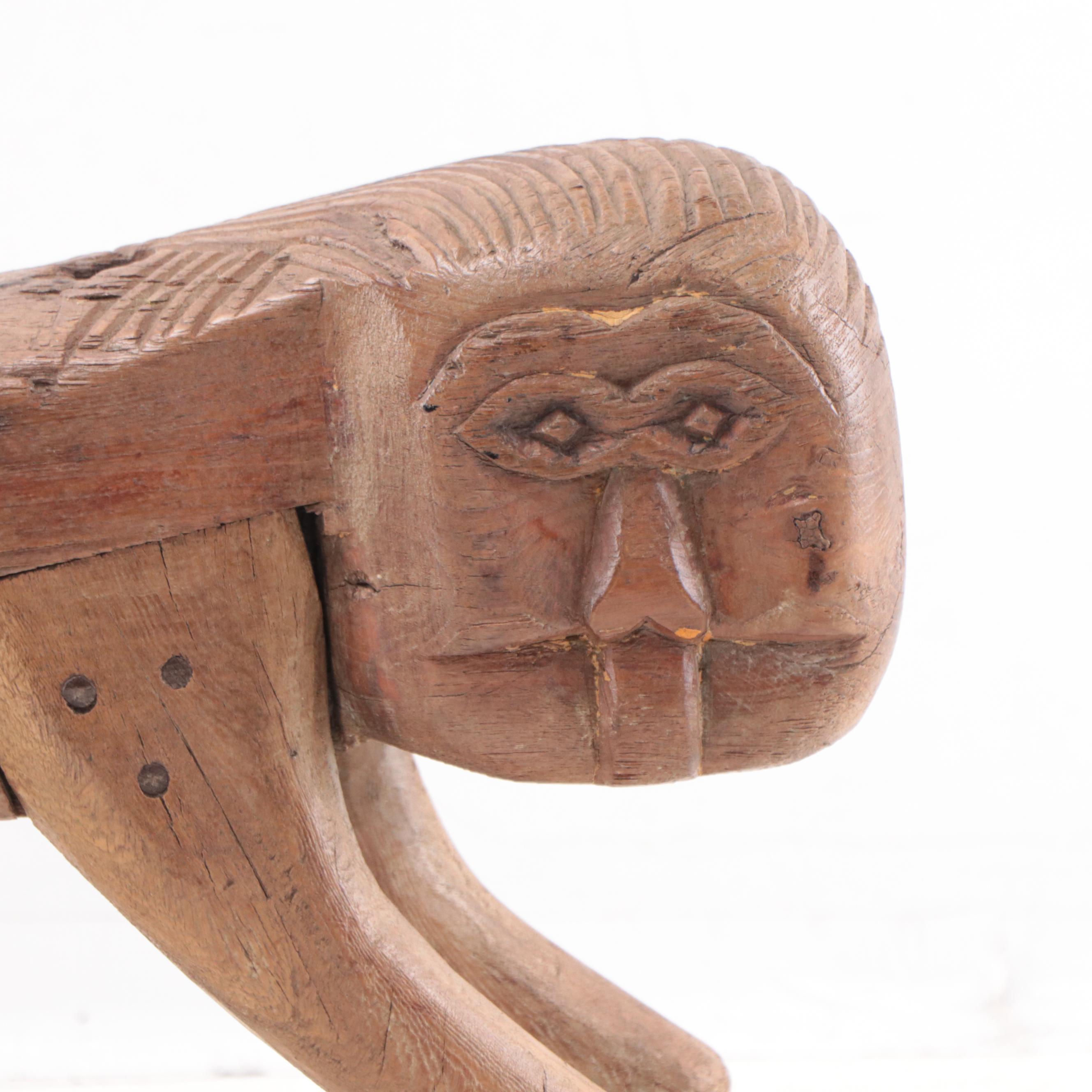 Indian Gujarati Carved Teak Hunker Stool of Lion, Late 19th Century EBTH